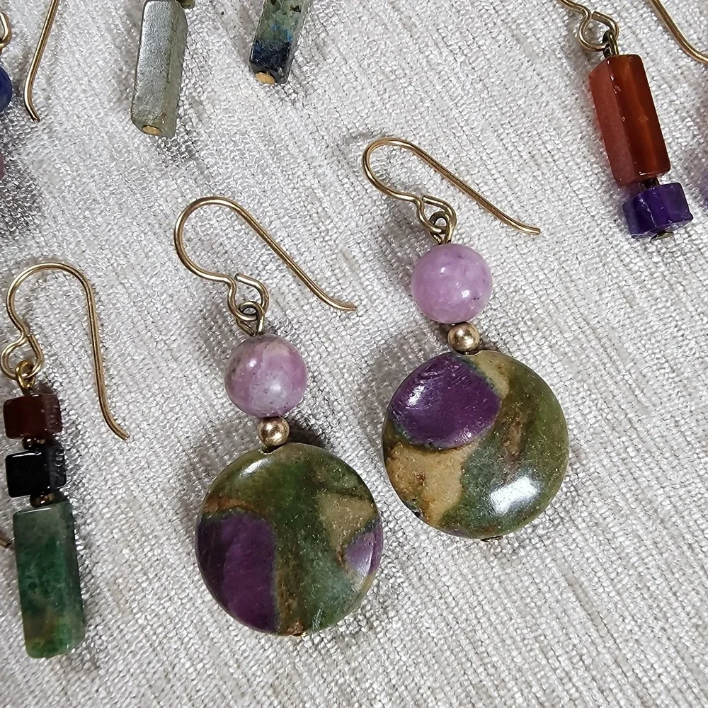 Earthy Natural Stone Dangle Earrings Gold Plate Hooks Garnet Tourmaline Lot of 5